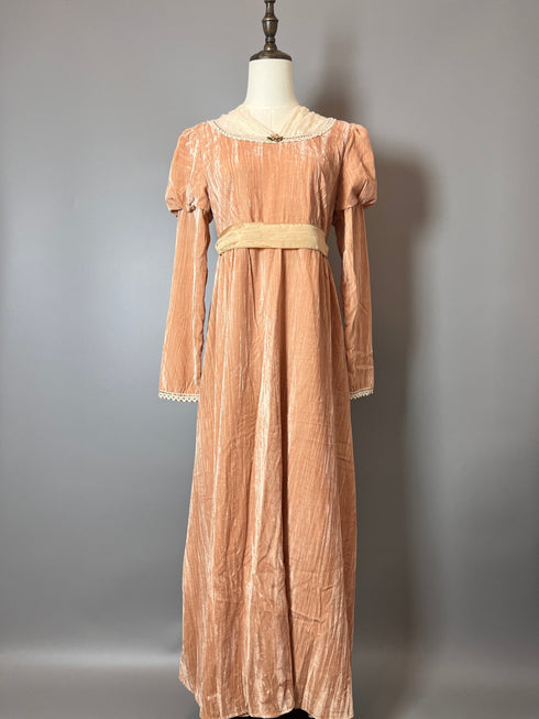 Pink Regency Era Dress with Satin Belt - Long Sleeves Velvet Dress with Lace - Regency Dress Plus Size